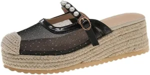 Mary Jane Espadrilles for Women Clear Mesh Ballet Flats Rattan Platform Wedge Sandals Slip On Backless Mule Slippers Beaded Straps Lightweight Breathable Ballerina Dress Shoes Office Party Vacation