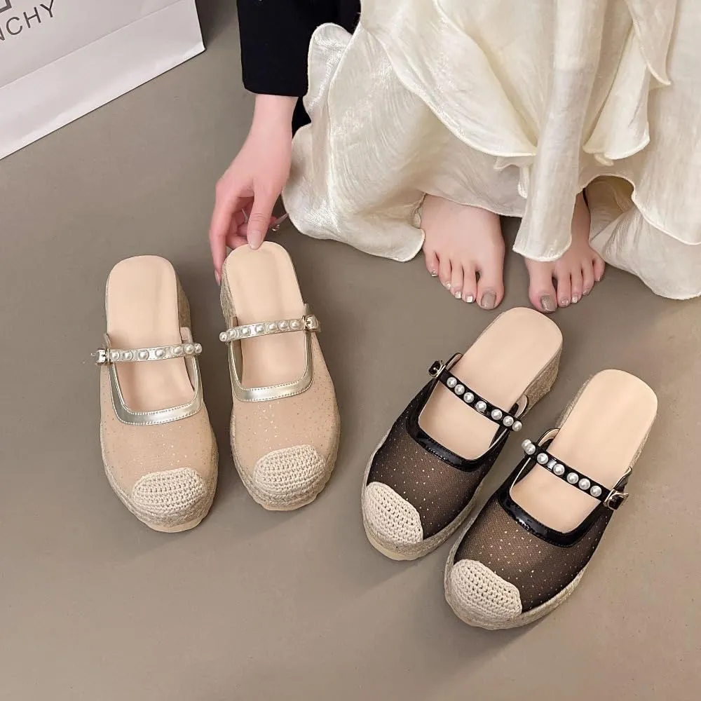 Mary Jane Espadrilles for Women Clear Mesh Ballet Flats Rattan Platform Wedge Sandals Slip On Backless Mule Slippers Beaded Straps Lightweight Breathable Ballerina Dress Shoes Office Party Vacation