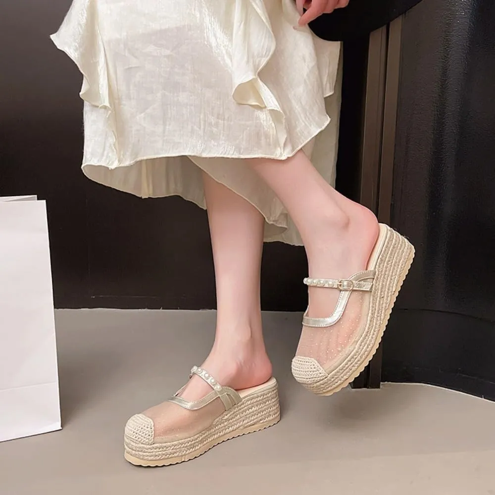 Mary Jane Espadrilles for Women Clear Mesh Ballet Flats Rattan Platform Wedge Sandals Slip On Backless Mule Slippers Beaded Straps Lightweight Breathable Ballerina Dress Shoes Office Party Vacation