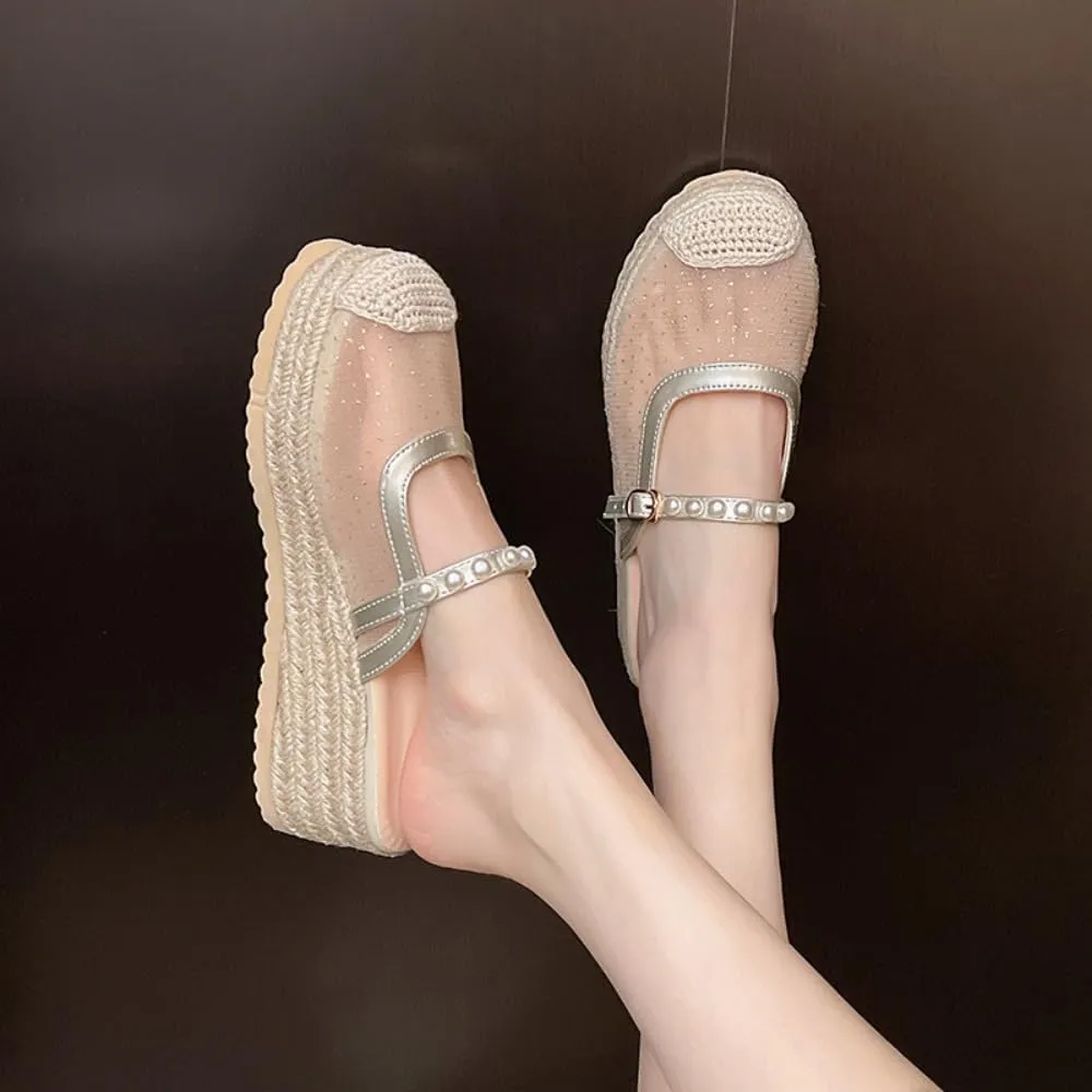 Mary Jane Espadrilles for Women Clear Mesh Ballet Flats Rattan Platform Wedge Sandals Slip On Backless Mule Slippers Beaded Straps Lightweight Breathable Ballerina Dress Shoes Office Party Vacation