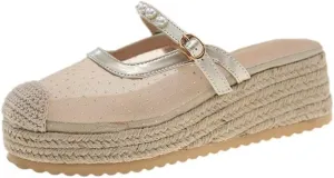 Mary Jane Espadrilles for Women Clear Mesh Ballet Flats Rattan Platform Wedge Sandals Slip On Backless Mule Slippers Beaded Straps Lightweight Breathable Ballerina Dress Shoes Office Party Vacation