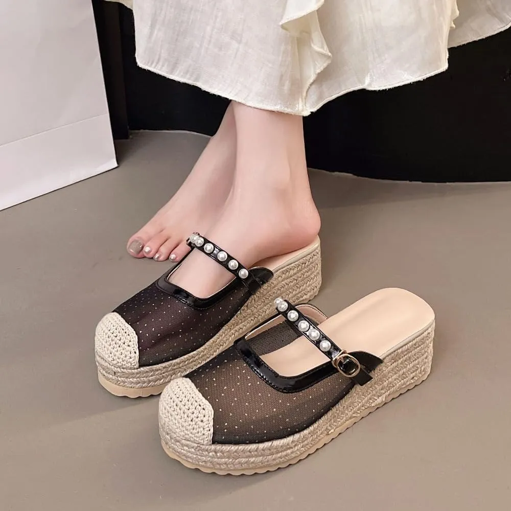 Mary Jane Espadrilles for Women Clear Mesh Ballet Flats Rattan Platform Wedge Sandals Slip On Backless Mule Slippers Beaded Straps Lightweight Breathable Ballerina Dress Shoes Office Party Vacation