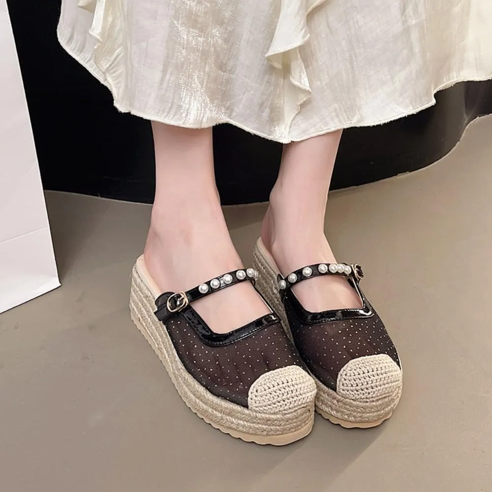 Mary Jane Espadrilles for Women Clear Mesh Ballet Flats Rattan Platform Wedge Sandals Slip On Backless Mule Slippers Beaded Straps Lightweight Breathable Ballerina Dress Shoes Office Party Vacation
