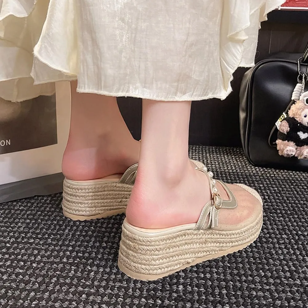 Mary Jane Espadrilles for Women Clear Mesh Ballet Flats Rattan Platform Wedge Sandals Slip On Backless Mule Slippers Beaded Straps Lightweight Breathable Ballerina Dress Shoes Office Party Vacation