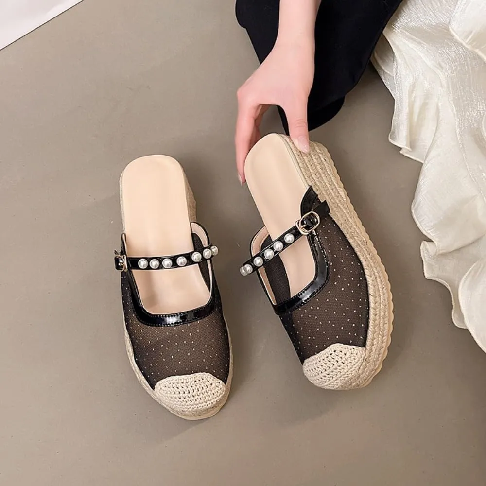 Mary Jane Espadrilles for Women Clear Mesh Ballet Flats Rattan Platform Wedge Sandals Slip On Backless Mule Slippers Beaded Straps Lightweight Breathable Ballerina Dress Shoes Office Party Vacation