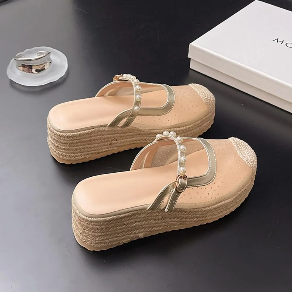 Mary Jane Espadrilles for Women Clear Mesh Ballet Flats Rattan Platform Wedge Sandals Slip On Backless Mule Slippers Beaded Straps Lightweight Breathable Ballerina Dress Shoes Office Party Vacation