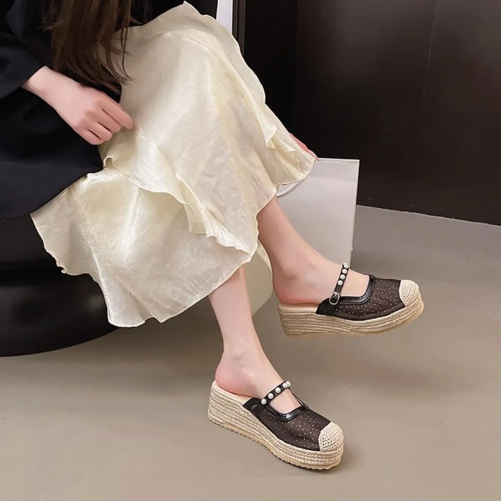 Mary Jane Espadrilles for Women Clear Mesh Ballet Flats Rattan Platform Wedge Sandals Slip On Backless Mule Slippers Beaded Straps Lightweight Breathable Ballerina Dress Shoes Office Party Vacation