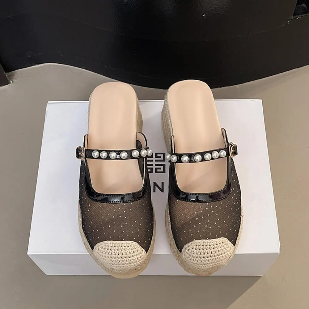 Mary Jane Espadrilles for Women Clear Mesh Ballet Flats Rattan Platform Wedge Sandals Slip On Backless Mule Slippers Beaded Straps Lightweight Breathable Ballerina Dress Shoes Office Party Vacation