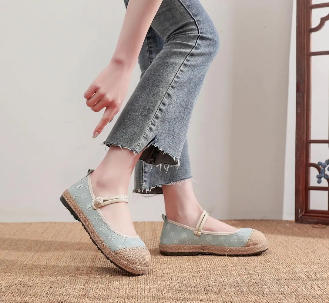 Mary Jane Espadrilles for Women Platform Rattan Sandals Raffia Ballet Flats Slip On House Slippers Casual Dress Shoes Lightweight Breathable Low Top Straps Comfort Walking Slides Beach Party Vacation