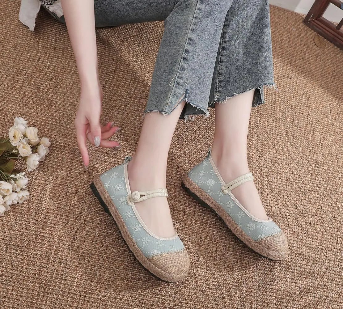 Mary Jane Espadrilles for Women Platform Rattan Sandals Raffia Ballet Flats Slip On House Slippers Casual Dress Shoes Lightweight Breathable Low Top Straps Comfort Walking Slides Beach Party Vacation