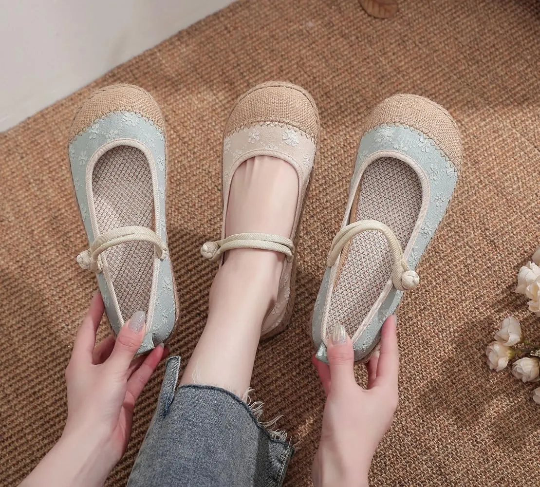 Mary Jane Espadrilles for Women Platform Rattan Sandals Raffia Ballet Flats Slip On House Slippers Casual Dress Shoes Lightweight Breathable Low Top Straps Comfort Walking Slides Beach Party Vacation