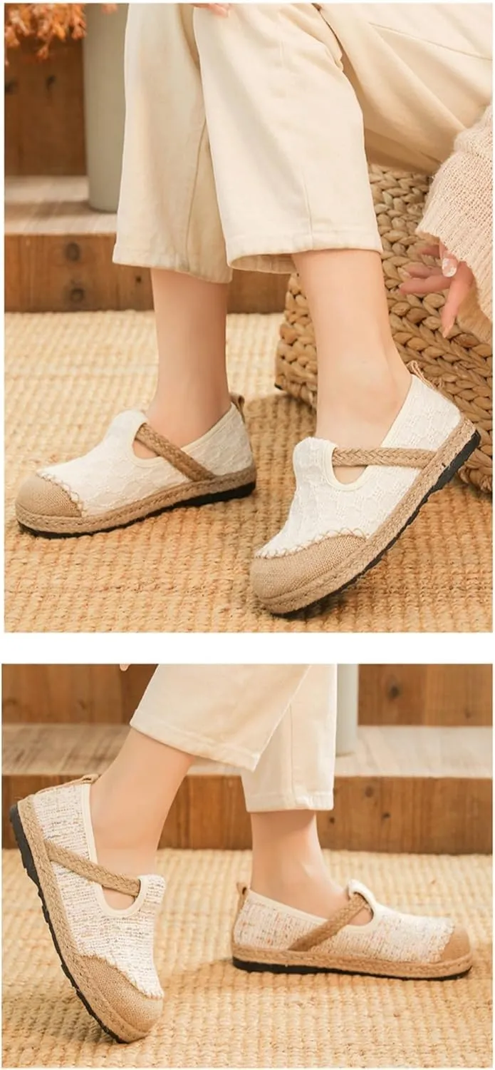 Mary Jane Espadrilles for Women Platform Rattan Sandals Raffia Woven Ballet Flats Slip On House Slippers Lightweight Breathable Low Top Comfort Casual Lined Dress Shoes Summer Beach Party Vacation