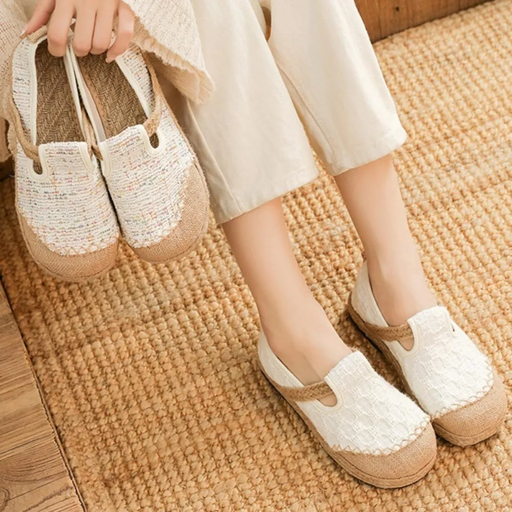 Mary Jane Espadrilles for Women Platform Rattan Sandals Raffia Woven Ballet Flats Slip On House Slippers Lightweight Breathable Low Top Comfort Casual Lined Dress Shoes Summer Beach Party Vacation