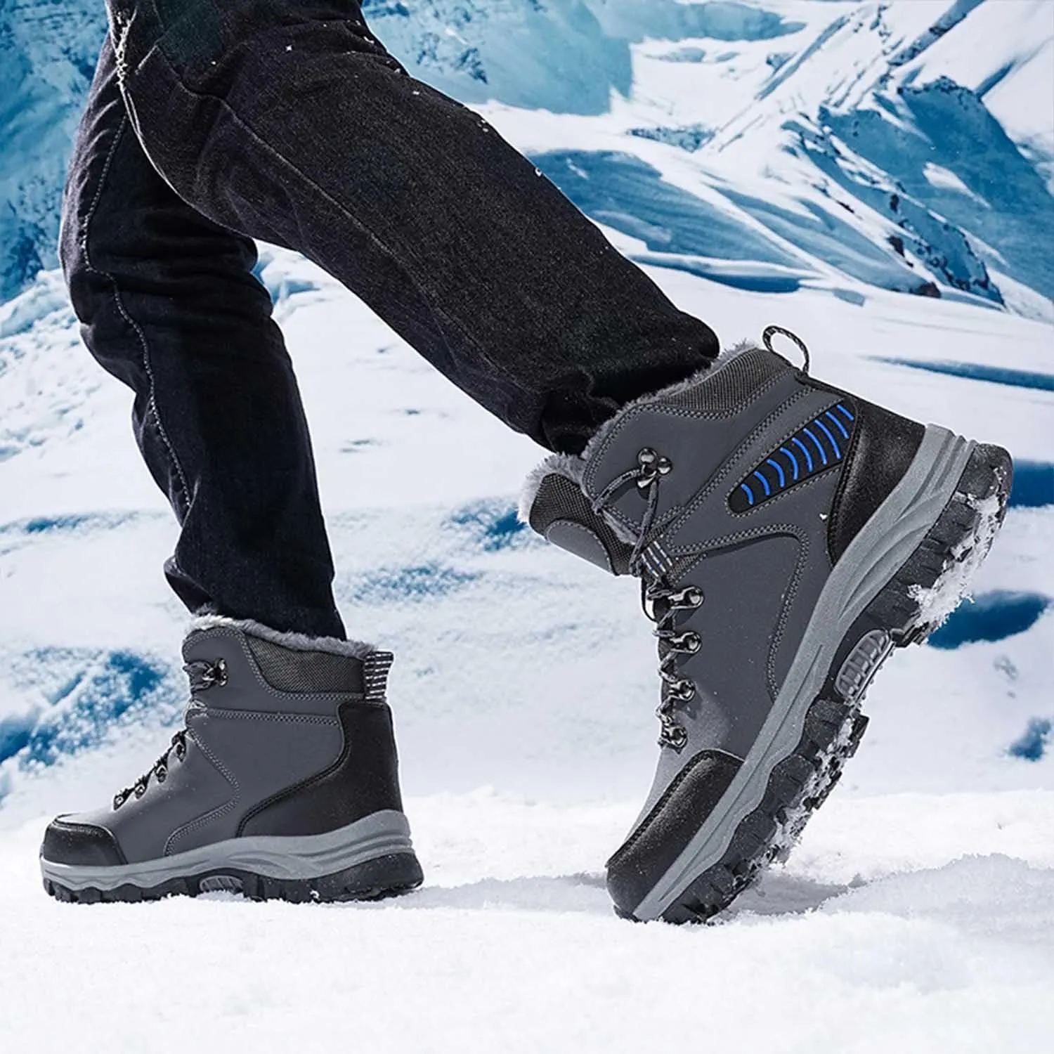 MEBAMY Men's Snow Boots Lightweight Black Hiking Winter Boots Fur Lined Anti-slip Cold Weather Shoes Furry Outdoor Snow Boot