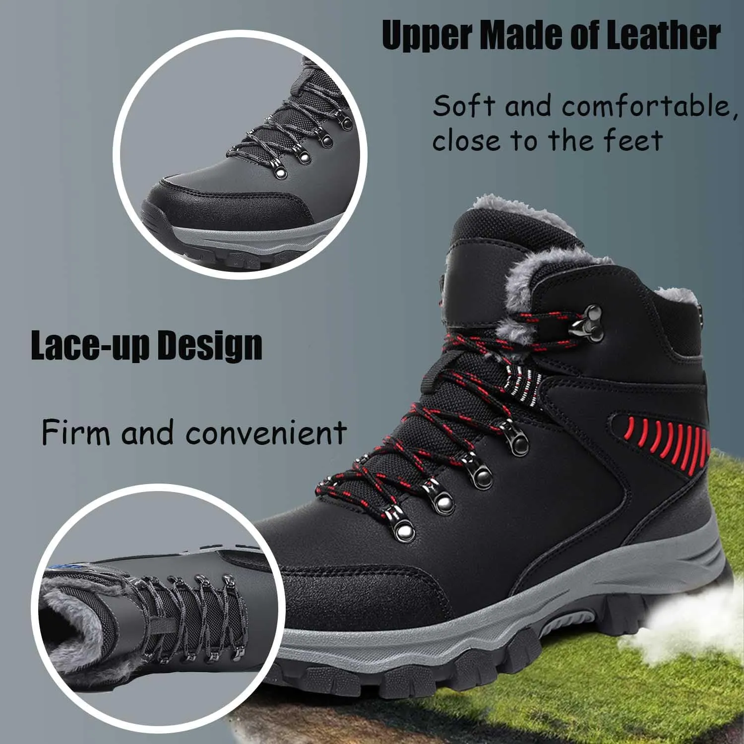 MEBAMY Men's Snow Boots Lightweight Black Hiking Winter Boots Fur Lined Anti-slip Cold Weather Shoes Furry Outdoor Snow Boot