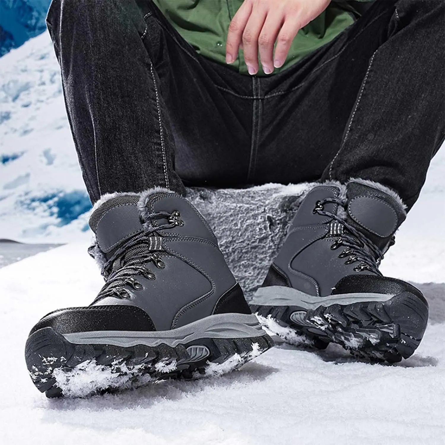 MEBAMY Men's Snow Boots Lightweight Black Hiking Winter Boots Fur Lined Anti-slip Cold Weather Shoes Furry Outdoor Snow Boot