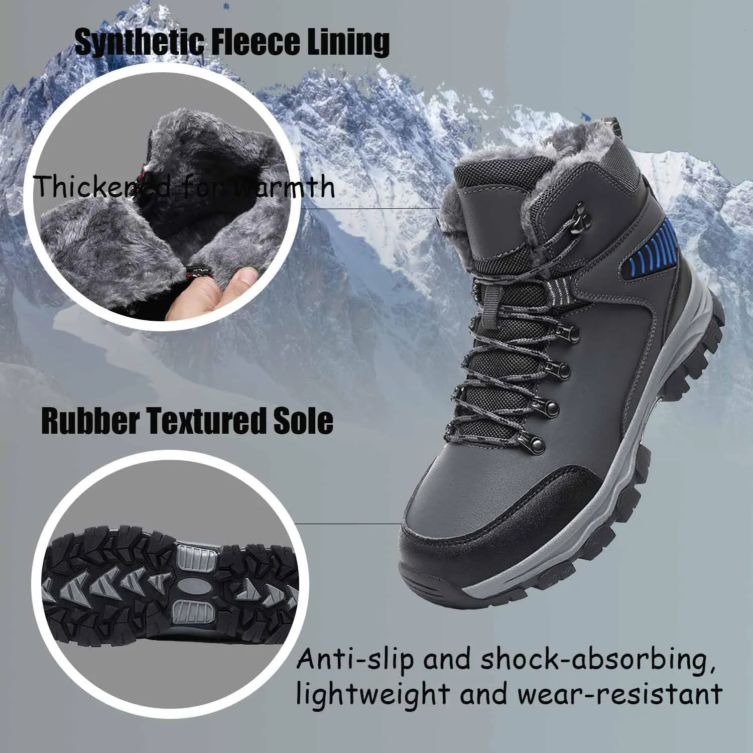 MEBAMY Men's Snow Boots Lightweight Black Hiking Winter Boots Fur Lined Anti-slip Cold Weather Shoes Furry Outdoor Snow Boot