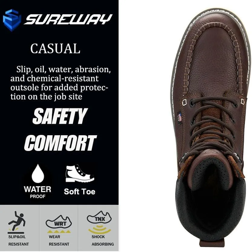 Men 8" Waterproof Soft Toe Work Boots,EH Construction Industrial Leather Lace Up Moc Toe Safety Work Boot, Oil/Slip Resistant Comfortable Wedge Outsole,Goodyear Welt,zapatos de trabajo para hombre