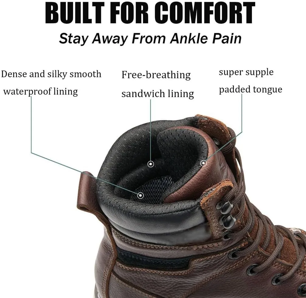 Men 8" Waterproof Soft Toe Work Boots,EH Construction Industrial Leather Lace Up Moc Toe Safety Work Boot, Oil/Slip Resistant Comfortable Wedge Outsole,Goodyear Welt,zapatos de trabajo para hombre