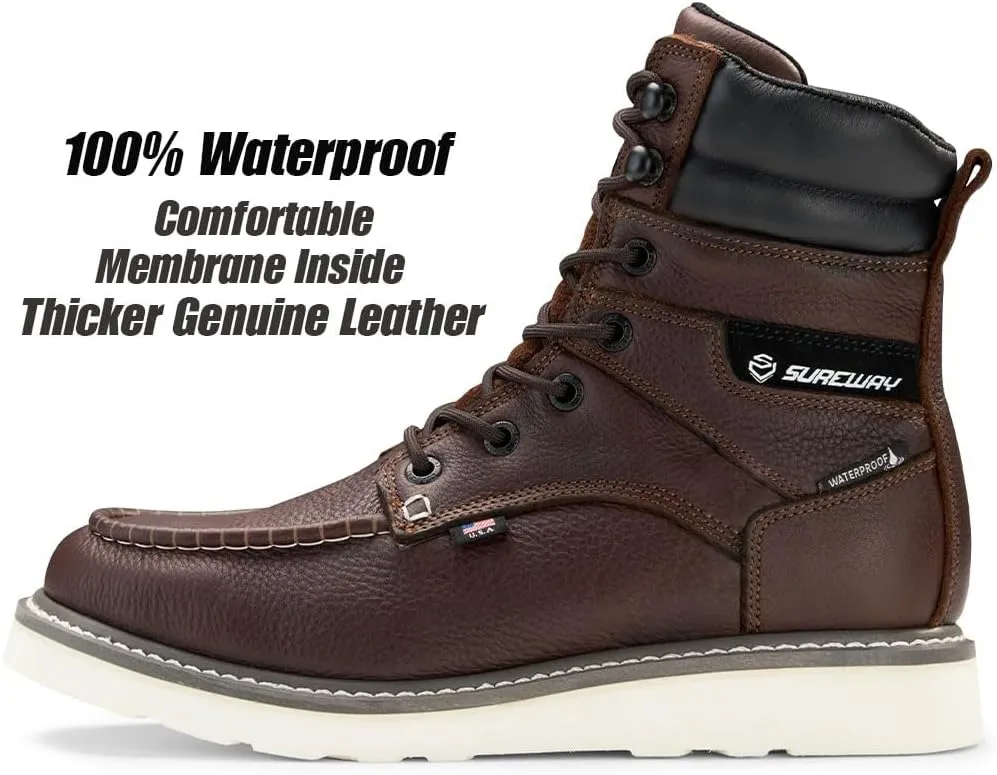 Men 8" Waterproof Soft Toe Work Boots,EH Construction Industrial Leather Lace Up Moc Toe Safety Work Boot, Oil/Slip Resistant Comfortable Wedge Outsole,Goodyear Welt,zapatos de trabajo para hombre