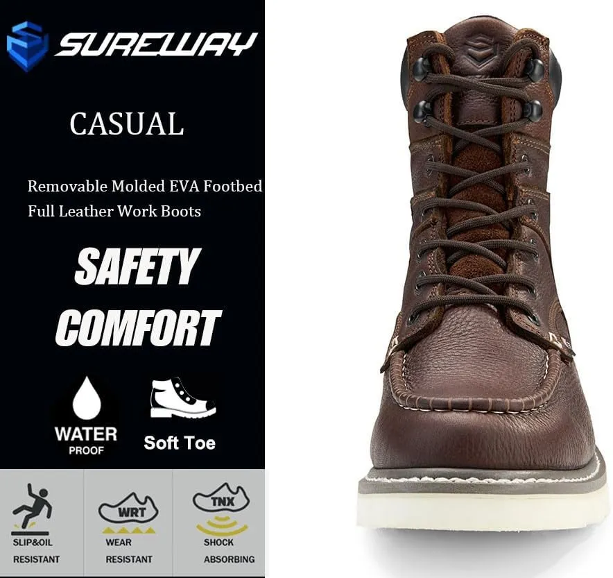 Men 8" Waterproof Soft Toe Work Boots,EH Construction Industrial Leather Lace Up Moc Toe Safety Work Boot, Oil/Slip Resistant Comfortable Wedge Outsole,Goodyear Welt,zapatos de trabajo para hombre