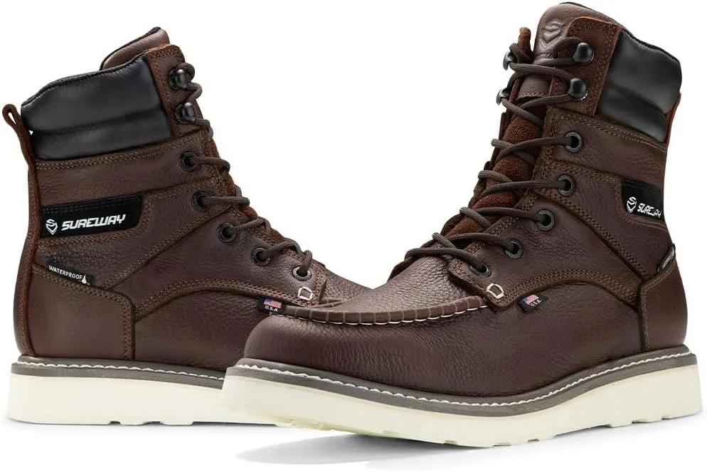 Men 8" Waterproof Soft Toe Work Boots,EH Construction Industrial Leather Lace Up Moc Toe Safety Work Boot, Oil/Slip Resistant Comfortable Wedge Outsole,Goodyear Welt,zapatos de trabajo para hombre