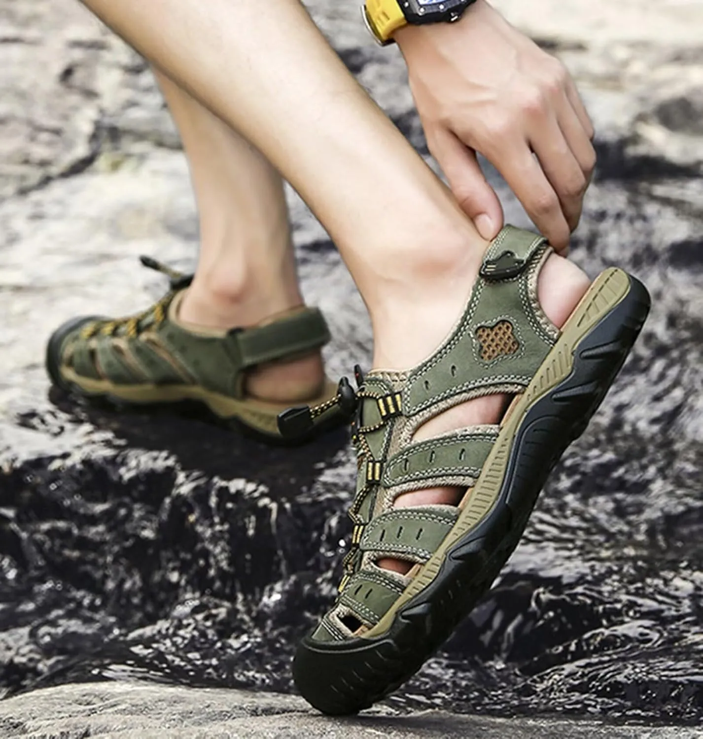 Mens Adjustable Hiking Sandals Leather Outdoor Summer Beach Fisherman Water Shoes Casual Closed Toe Walking Trekking Sandals