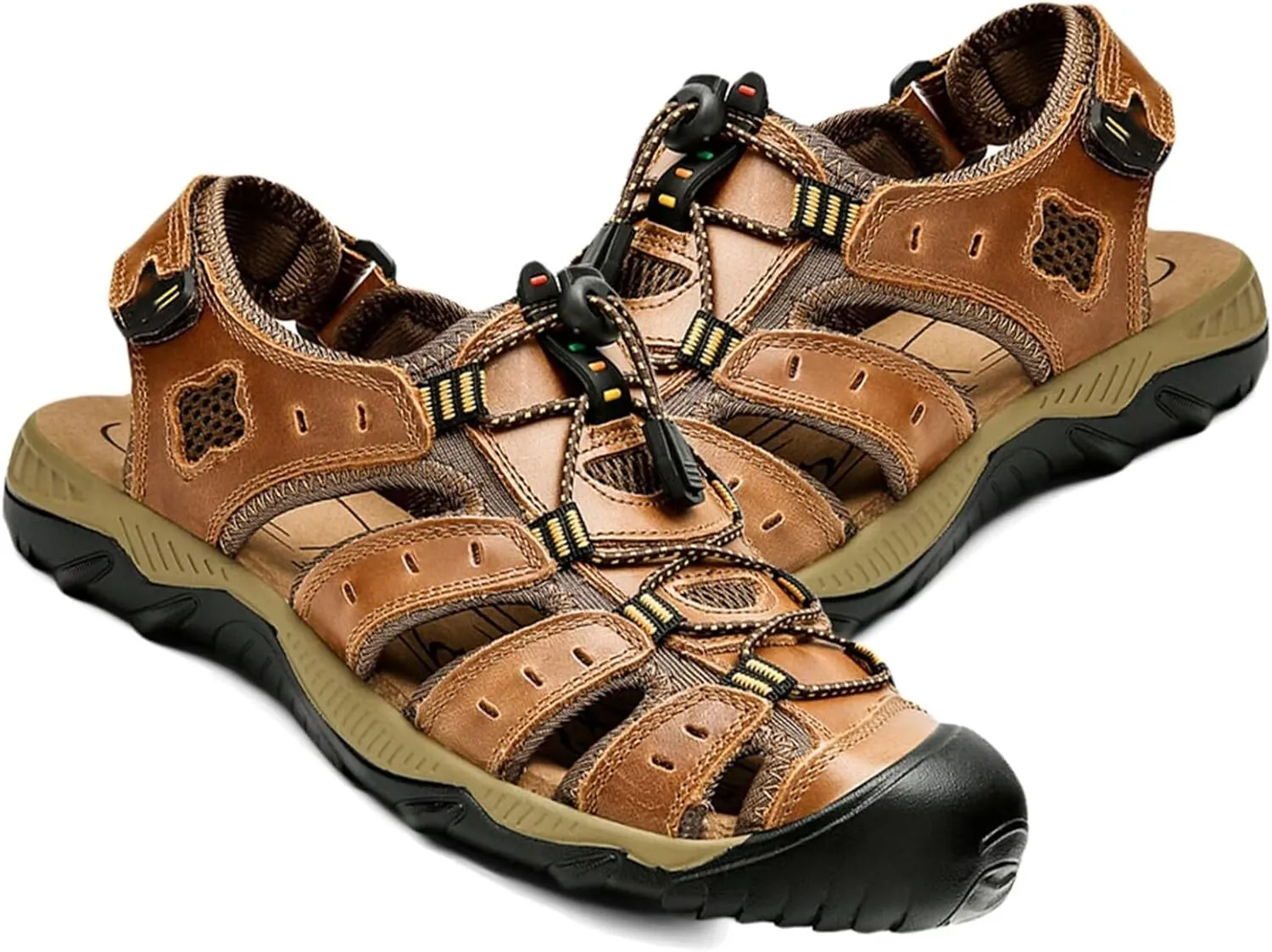 Mens Adjustable Hiking Sandals Leather Outdoor Summer Beach Fisherman Water Shoes Casual Closed Toe Walking Trekking Sandals
