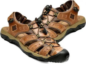 Mens Adjustable Hiking Sandals Leather Outdoor Summer Beach Fisherman Water Shoes Casual Closed Toe Walking Trekking Sandals