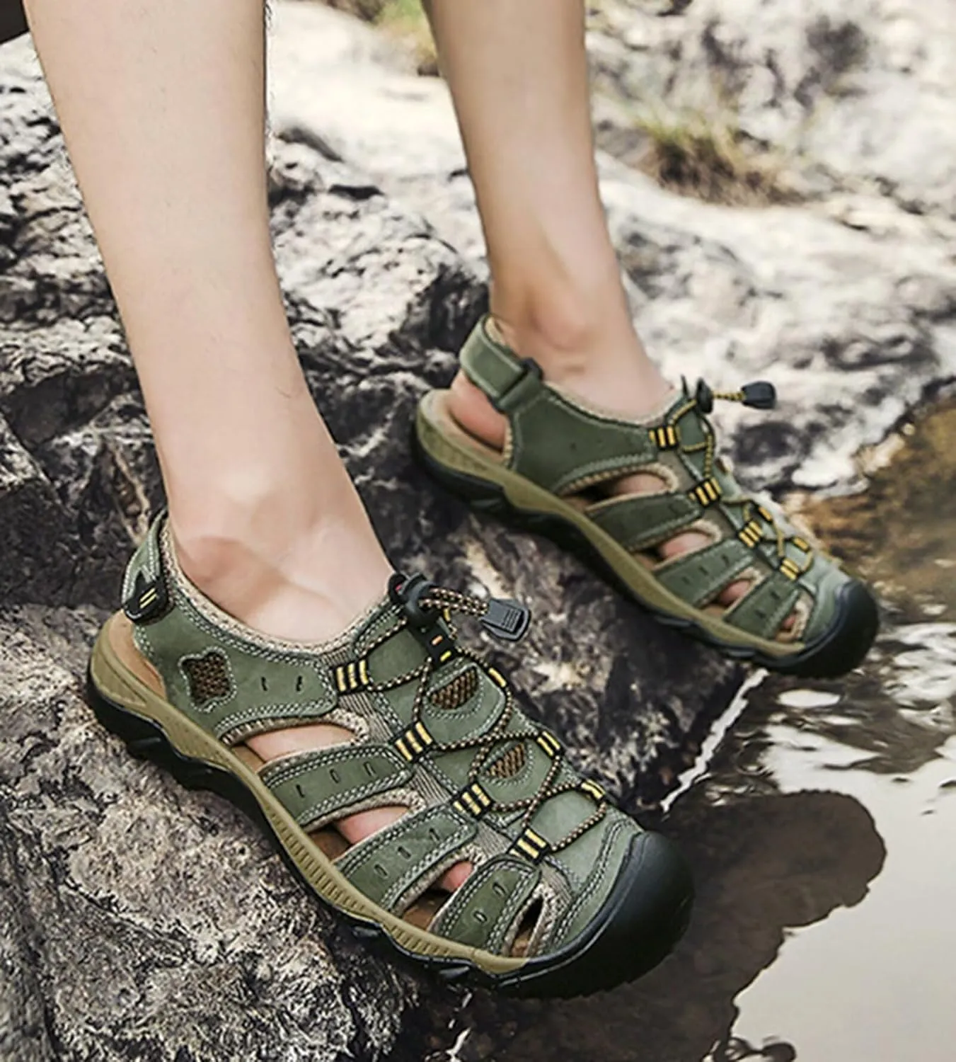 Mens Adjustable Hiking Sandals Leather Outdoor Summer Beach Fisherman Water Shoes Casual Closed Toe Walking Trekking Sandals