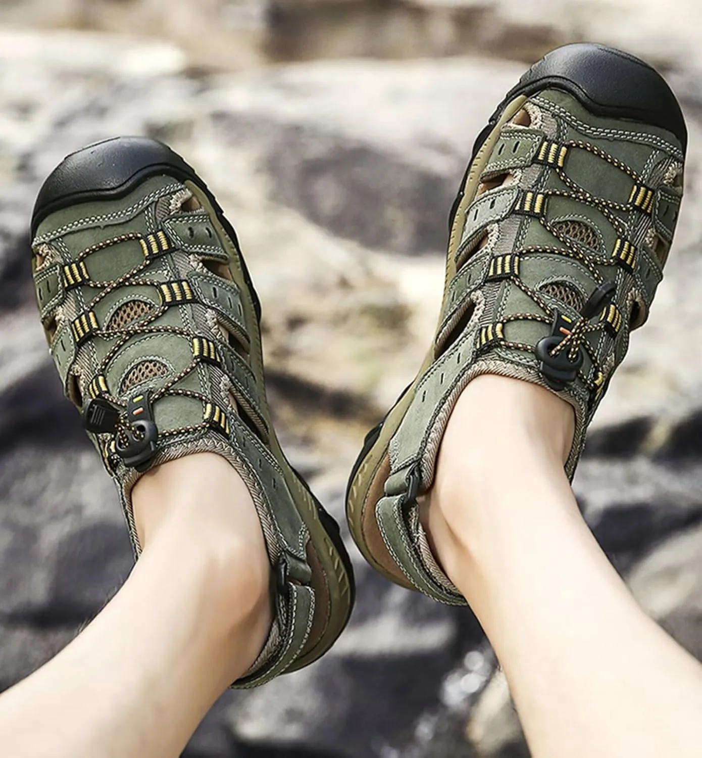 Mens Adjustable Hiking Sandals Leather Outdoor Summer Beach Fisherman Water Shoes Casual Closed Toe Walking Trekking Sandals