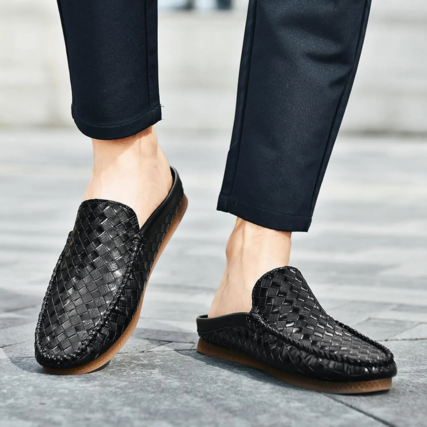Men's Baotou Leather Printing Moccasins Mules Simple Comfortable Slip On Round Closed Toe Flat Slingback Walking Loafers for Work, Vacation, Beach, Shopping