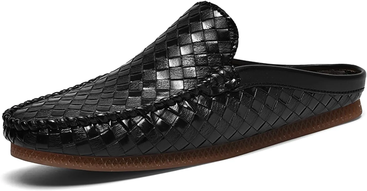 Men's Baotou Leather Printing Moccasins Mules Simple Comfortable Slip On Round Closed Toe Flat Slingback Walking Loafers for Work, Vacation, Beach, Shopping