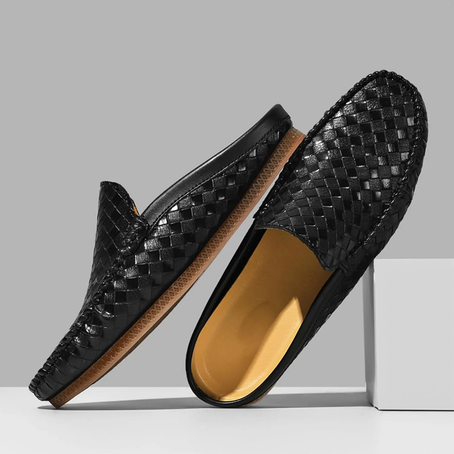Men's Baotou Leather Printing Moccasins Mules Simple Comfortable Slip On Round Closed Toe Flat Slingback Walking Loafers for Work, Vacation, Beach, Shopping