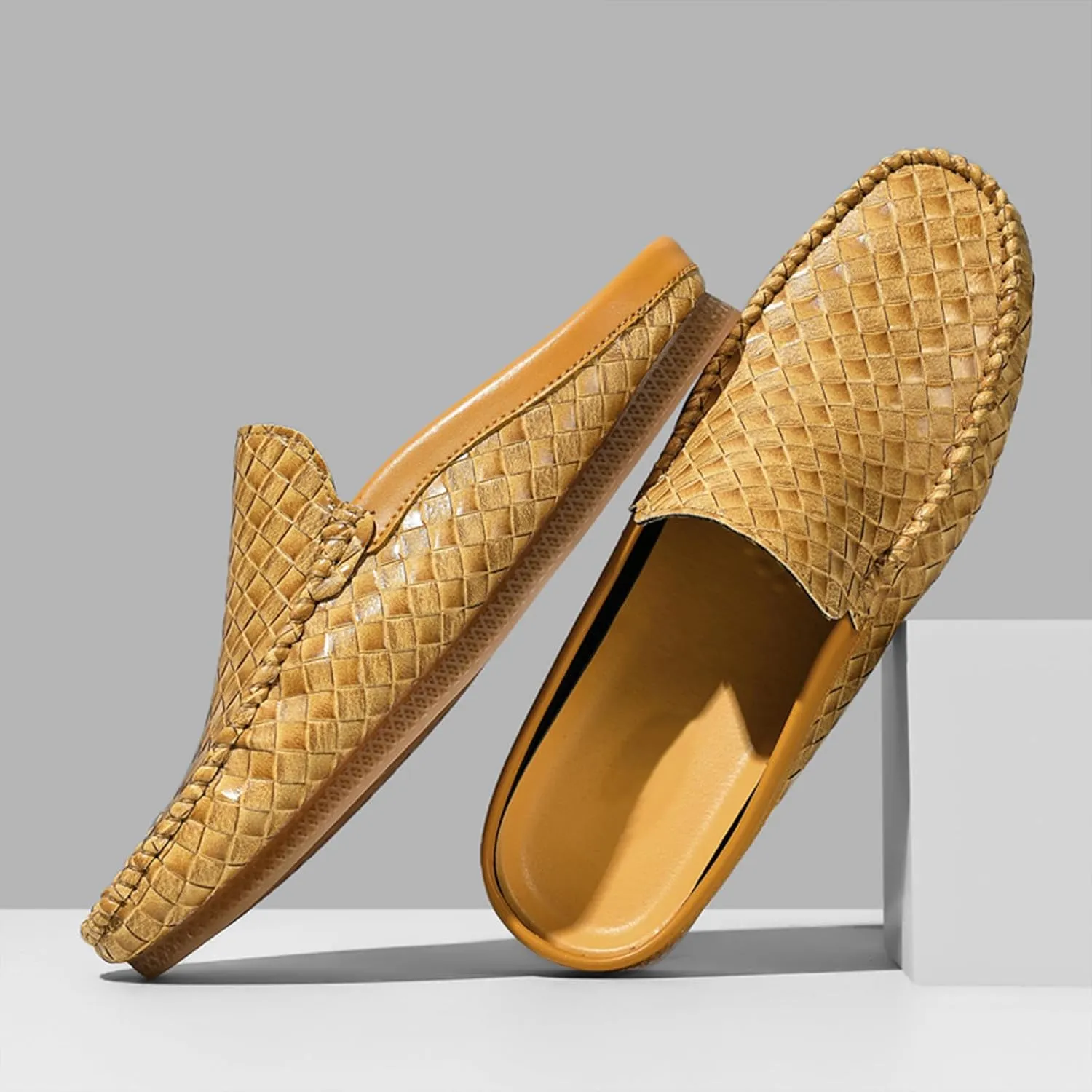 Men's Baotou Leather Printing Moccasins Mules Simple Comfortable Slip On Round Closed Toe Flat Slingback Walking Loafers for Work, Vacation, Beach, Shopping