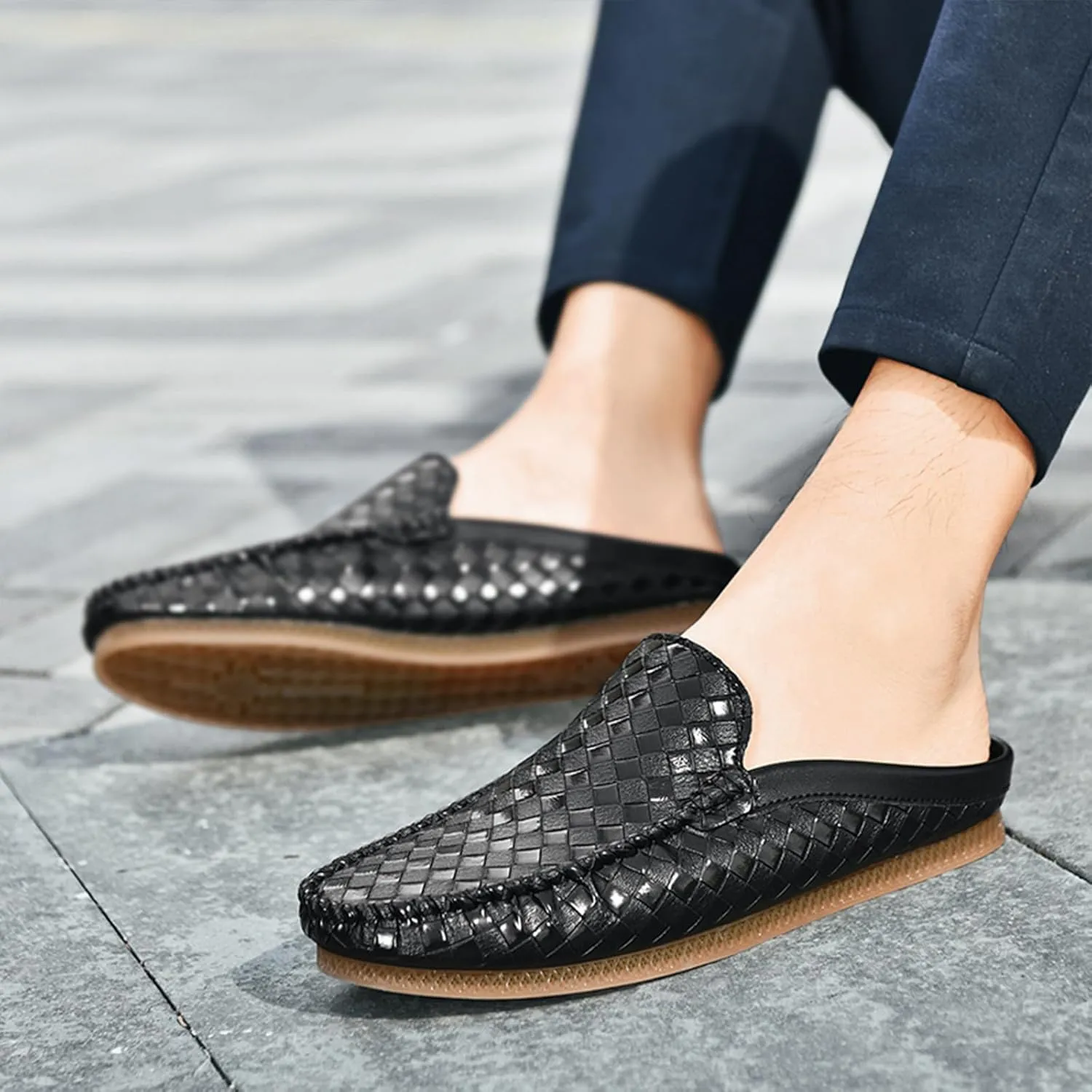 Men's Baotou Leather Printing Moccasins Mules Simple Comfortable Slip On Round Closed Toe Flat Slingback Walking Loafers for Work, Vacation, Beach, Shopping