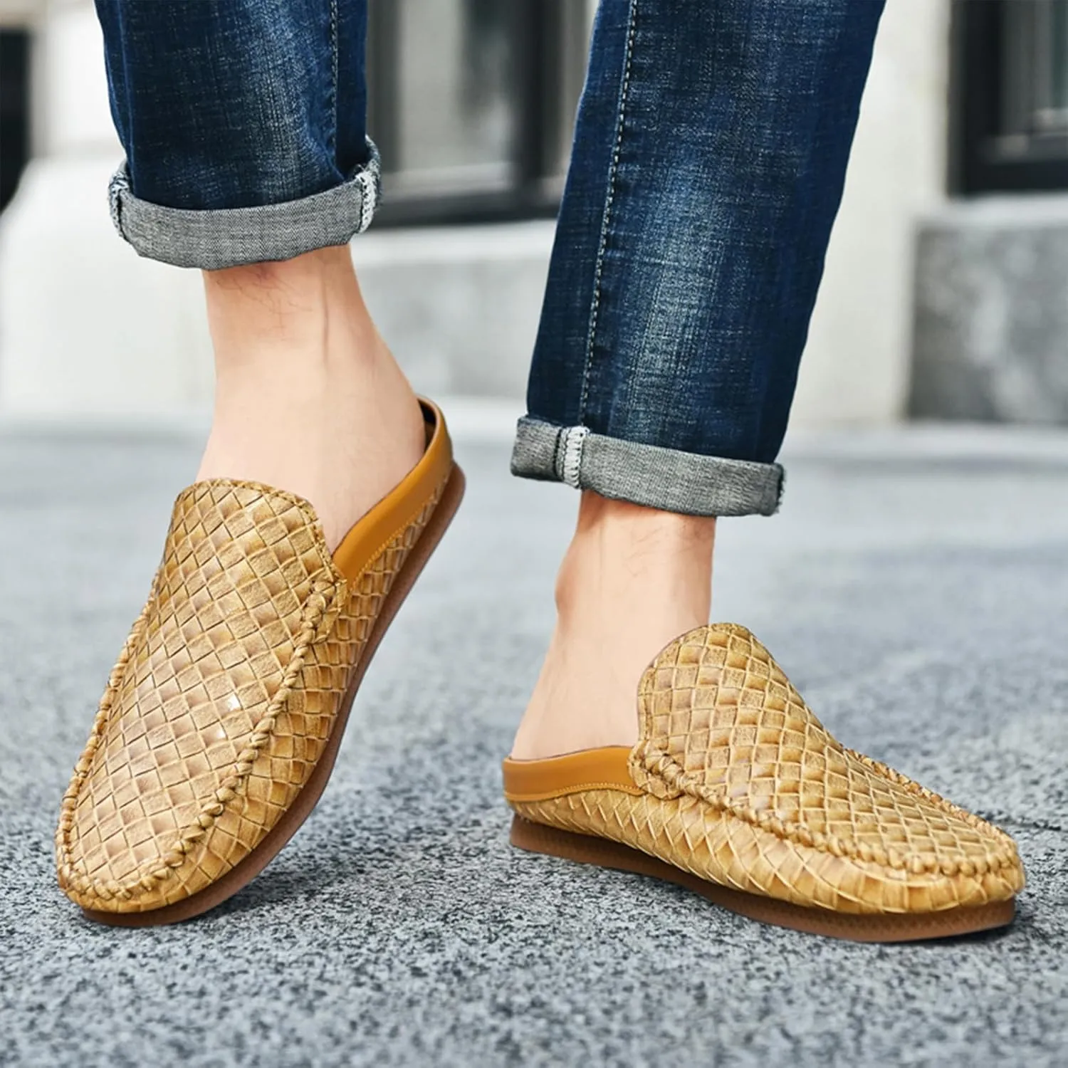 Men's Baotou Leather Printing Moccasins Mules Simple Comfortable Slip On Round Closed Toe Flat Slingback Walking Loafers for Work, Vacation, Beach, Shopping