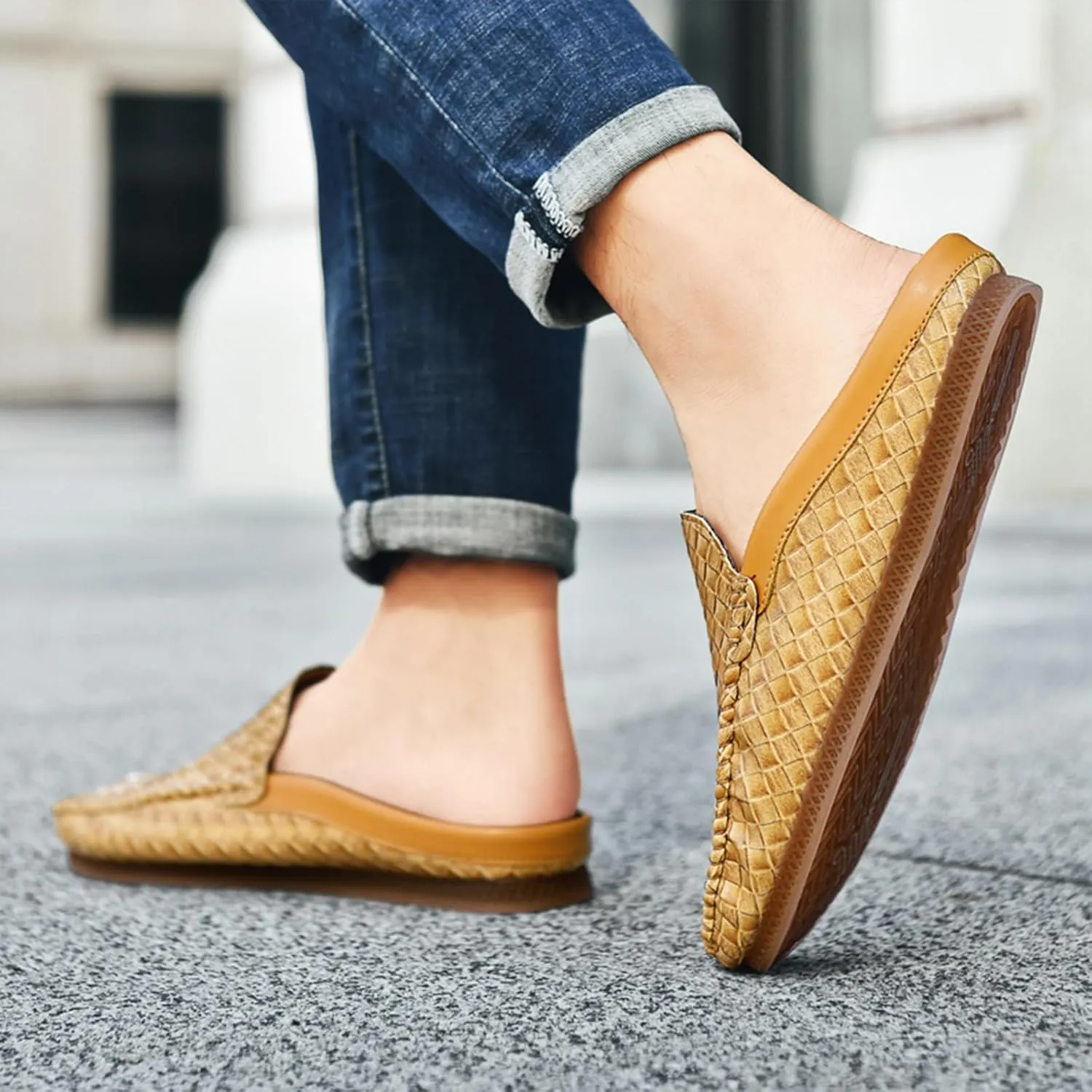 Men's Baotou Leather Printing Moccasins Mules Simple Comfortable Slip On Round Closed Toe Flat Slingback Walking Loafers for Work, Vacation, Beach, Shopping