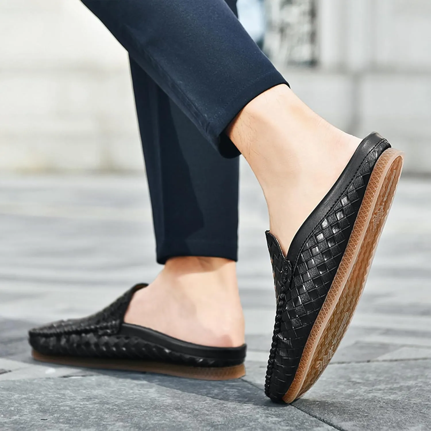 Men's Baotou Leather Printing Moccasins Mules Simple Comfortable Slip On Round Closed Toe Flat Slingback Walking Loafers for Work, Vacation, Beach, Shopping