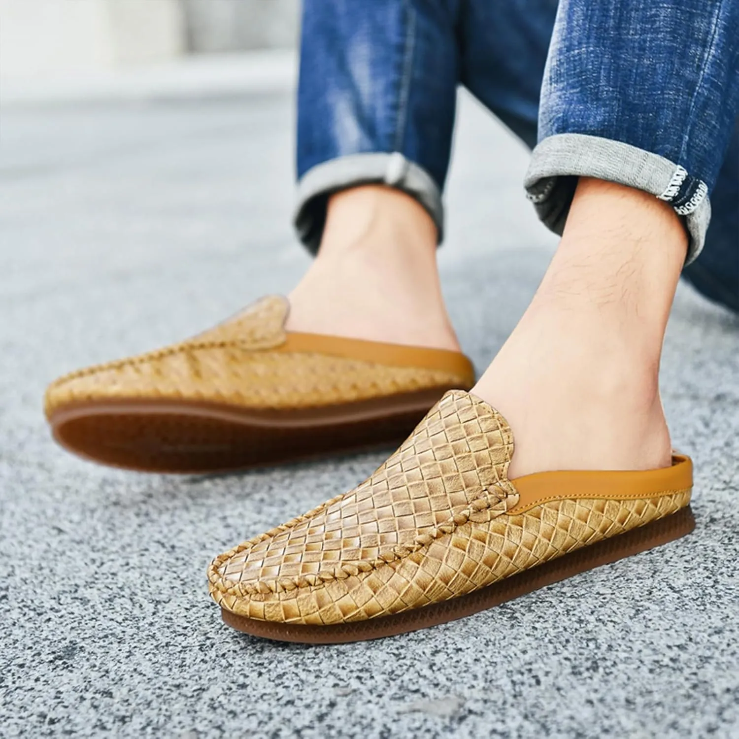 Men's Baotou Leather Printing Moccasins Mules Simple Comfortable Slip On Round Closed Toe Flat Slingback Walking Loafers for Work, Vacation, Beach, Shopping