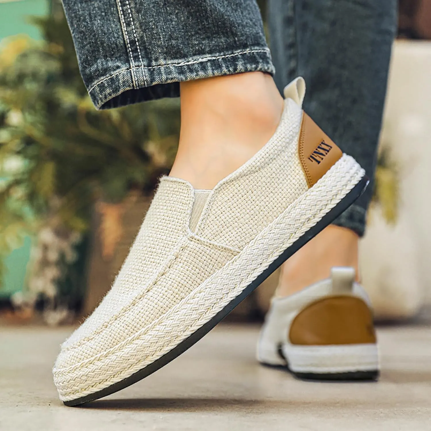 Men's Canvas Slip-on Espadrilles Loafers,Fashion Breathable Hand Stitching Linen Indoor Outdoor Non-Slip Comfortable Flat Fisherman Casual Walking Sneakers Moccasins Boat Shoes