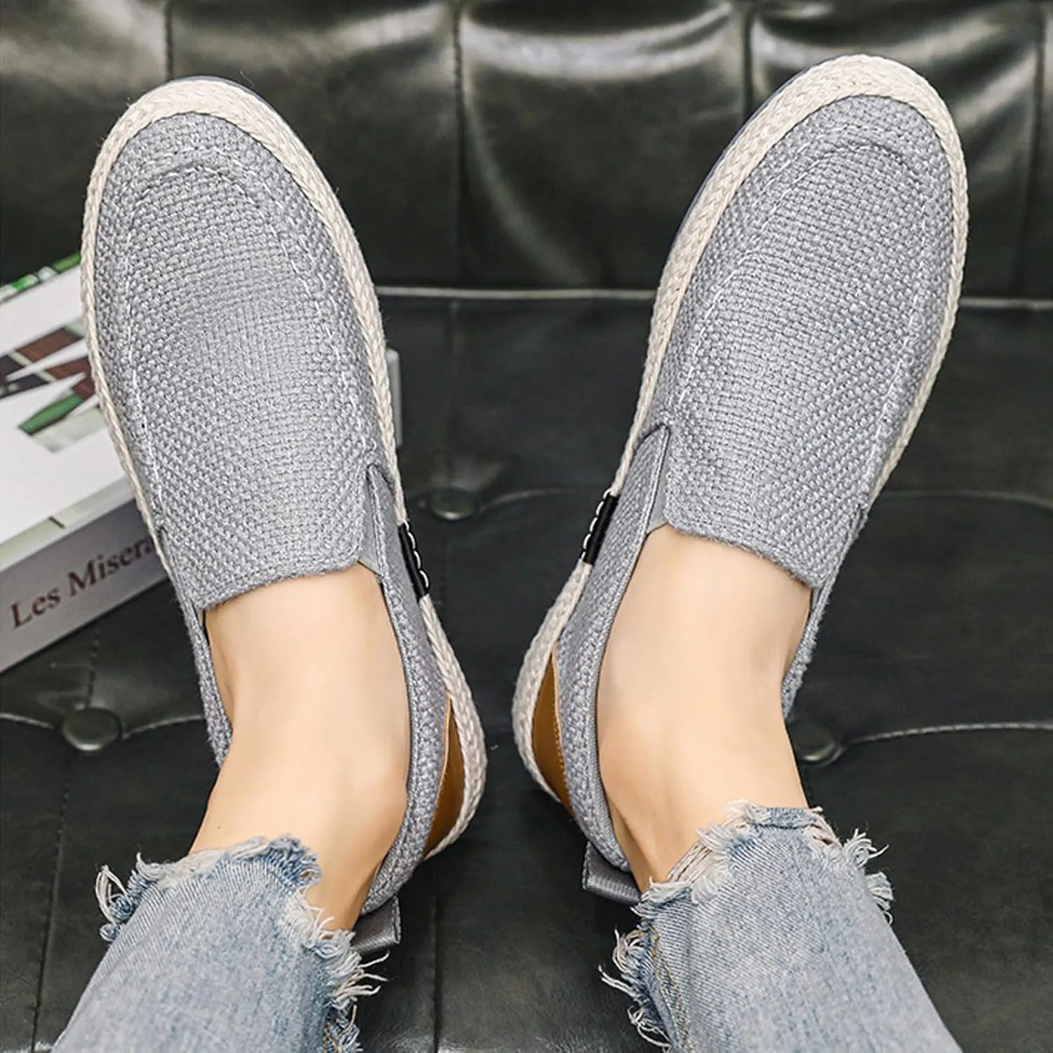 Men's Canvas Slip-on Espadrilles Loafers,Fashion Breathable Hand Stitching Linen Indoor Outdoor Non-Slip Comfortable Flat Fisherman Casual Walking Sneakers Moccasins Boat Shoes