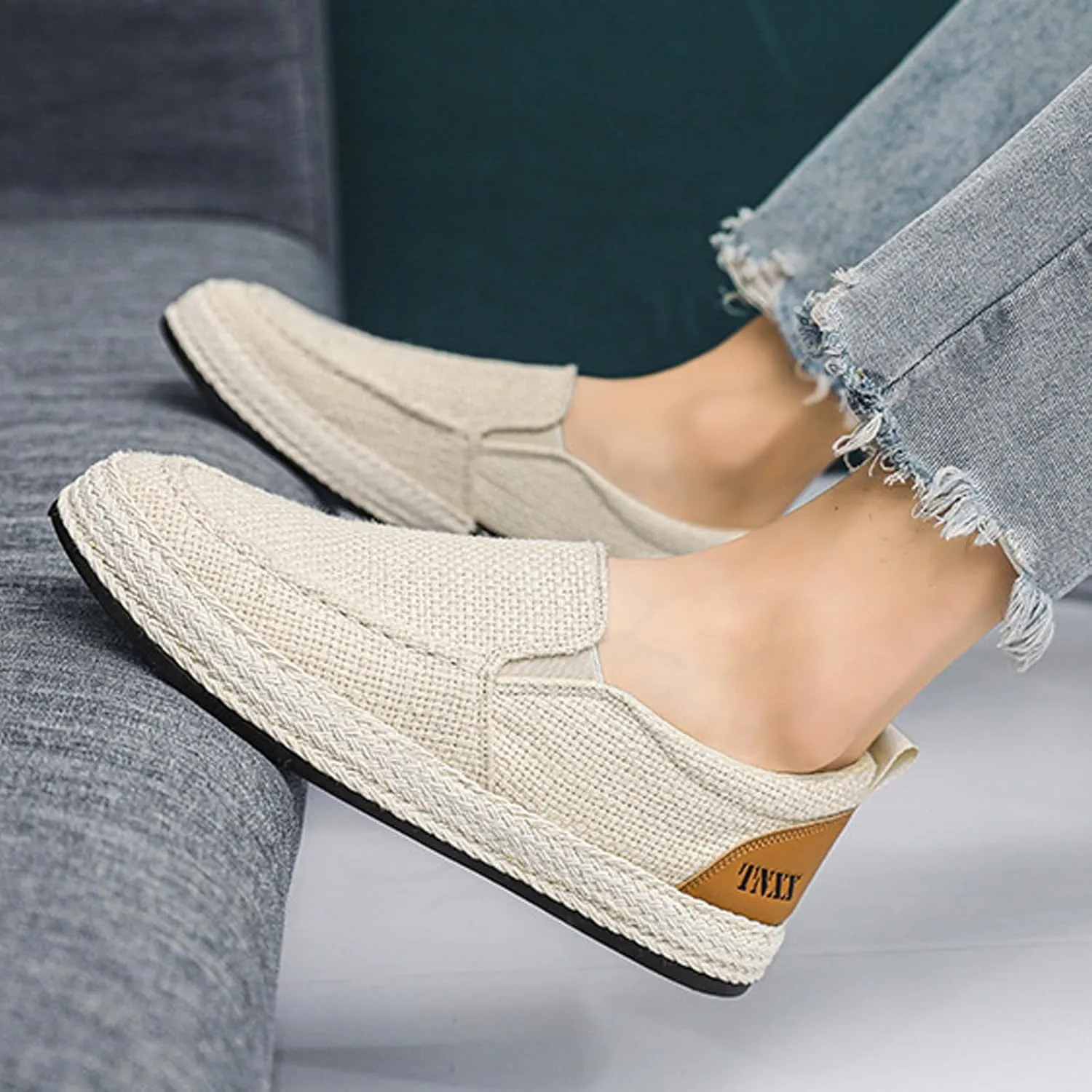 Men's Canvas Slip-on Espadrilles Loafers,Fashion Breathable Hand Stitching Linen Indoor Outdoor Non-Slip Comfortable Flat Fisherman Casual Walking Sneakers Moccasins Boat Shoes