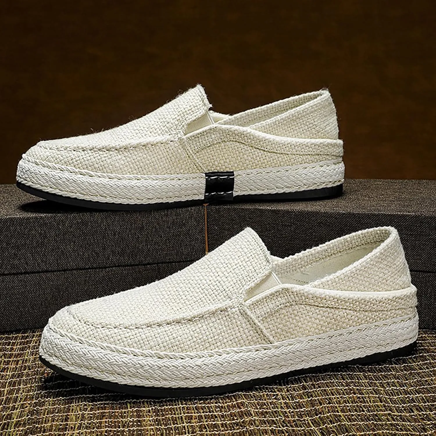 Men's Canvas Slip-on Espadrilles Loafers,Fashion Breathable Hand Stitching Linen Indoor Outdoor Non-Slip Comfortable Flat Fisherman Casual Walking Sneakers Moccasins Boat Shoes