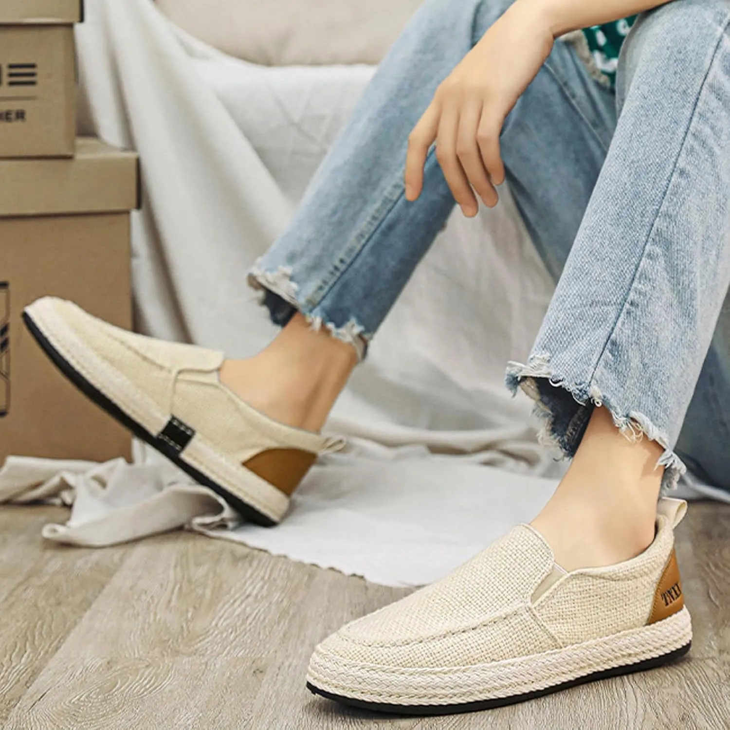 Men's Canvas Slip-on Espadrilles Loafers,Fashion Breathable Hand Stitching Linen Indoor Outdoor Non-Slip Comfortable Flat Fisherman Casual Walking Sneakers Moccasins Boat Shoes