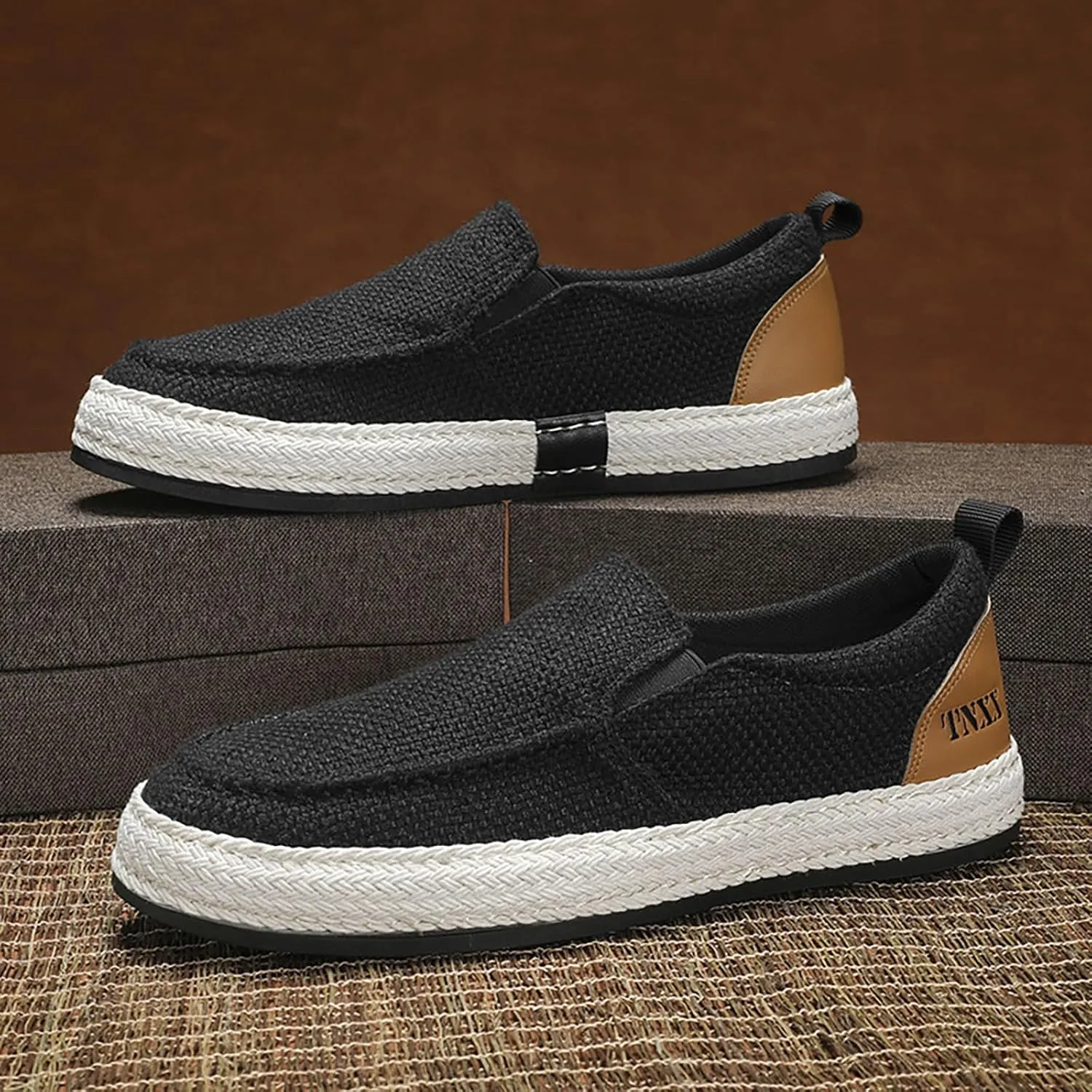 Men's Canvas Slip-on Espadrilles Loafers,Fashion Breathable Hand Stitching Linen Indoor Outdoor Non-Slip Comfortable Flat Fisherman Casual Walking Sneakers Moccasins Boat Shoes