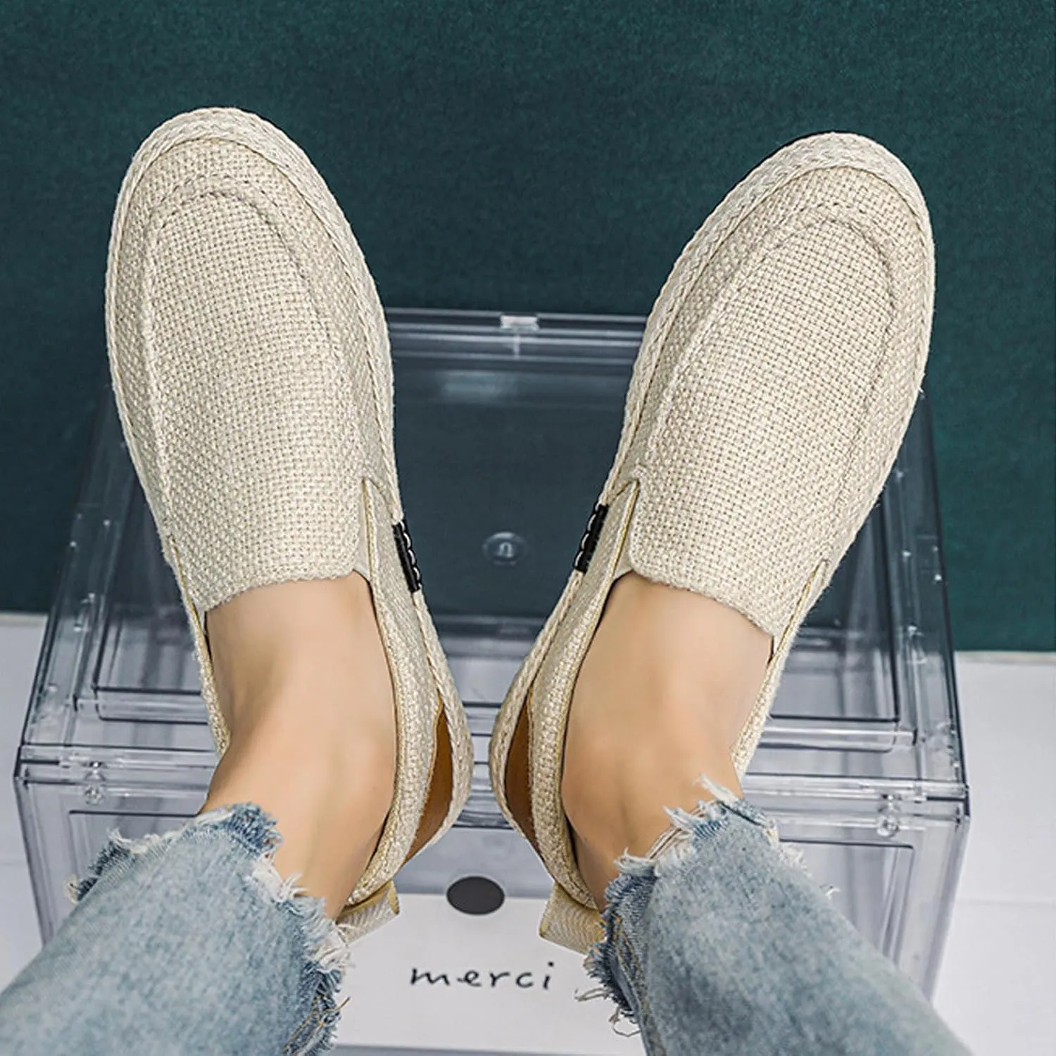 Men's Canvas Slip-on Espadrilles Loafers,Fashion Breathable Hand Stitching Linen Indoor Outdoor Non-Slip Comfortable Flat Fisherman Casual Walking Sneakers Moccasins Boat Shoes