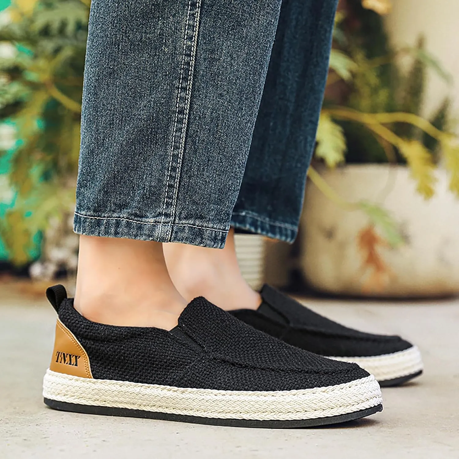 Men's Canvas Slip-on Espadrilles Loafers,Fashion Breathable Hand Stitching Linen Indoor Outdoor Non-Slip Comfortable Flat Fisherman Casual Walking Sneakers Moccasins Boat Shoes