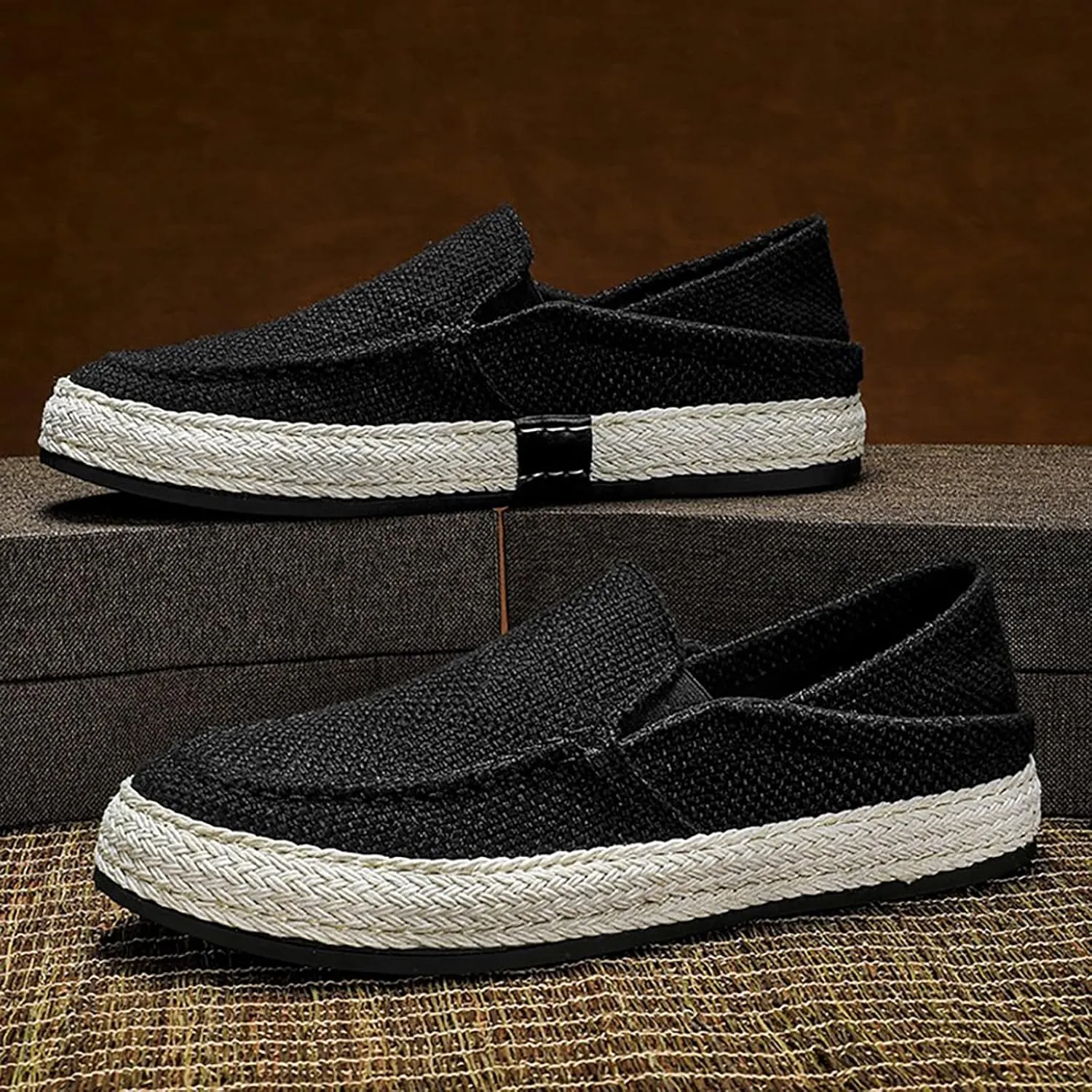 Men's Canvas Slip-on Espadrilles Loafers,Fashion Breathable Hand Stitching Linen Indoor Outdoor Non-Slip Comfortable Flat Fisherman Casual Walking Sneakers Moccasins Boat Shoes