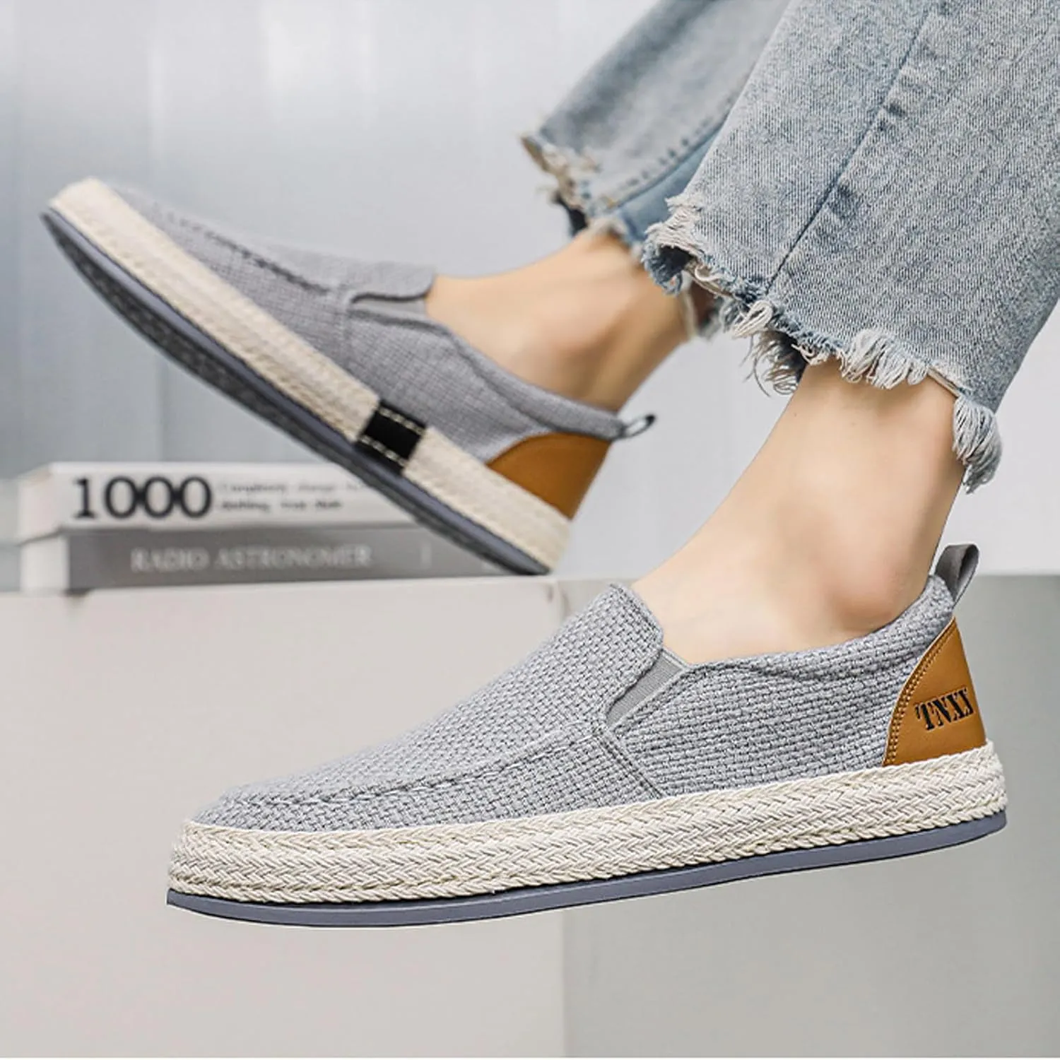 Men's Canvas Slip-on Espadrilles Loafers,Fashion Breathable Hand Stitching Linen Indoor Outdoor Non-Slip Comfortable Flat Fisherman Casual Walking Sneakers Moccasins Boat Shoes